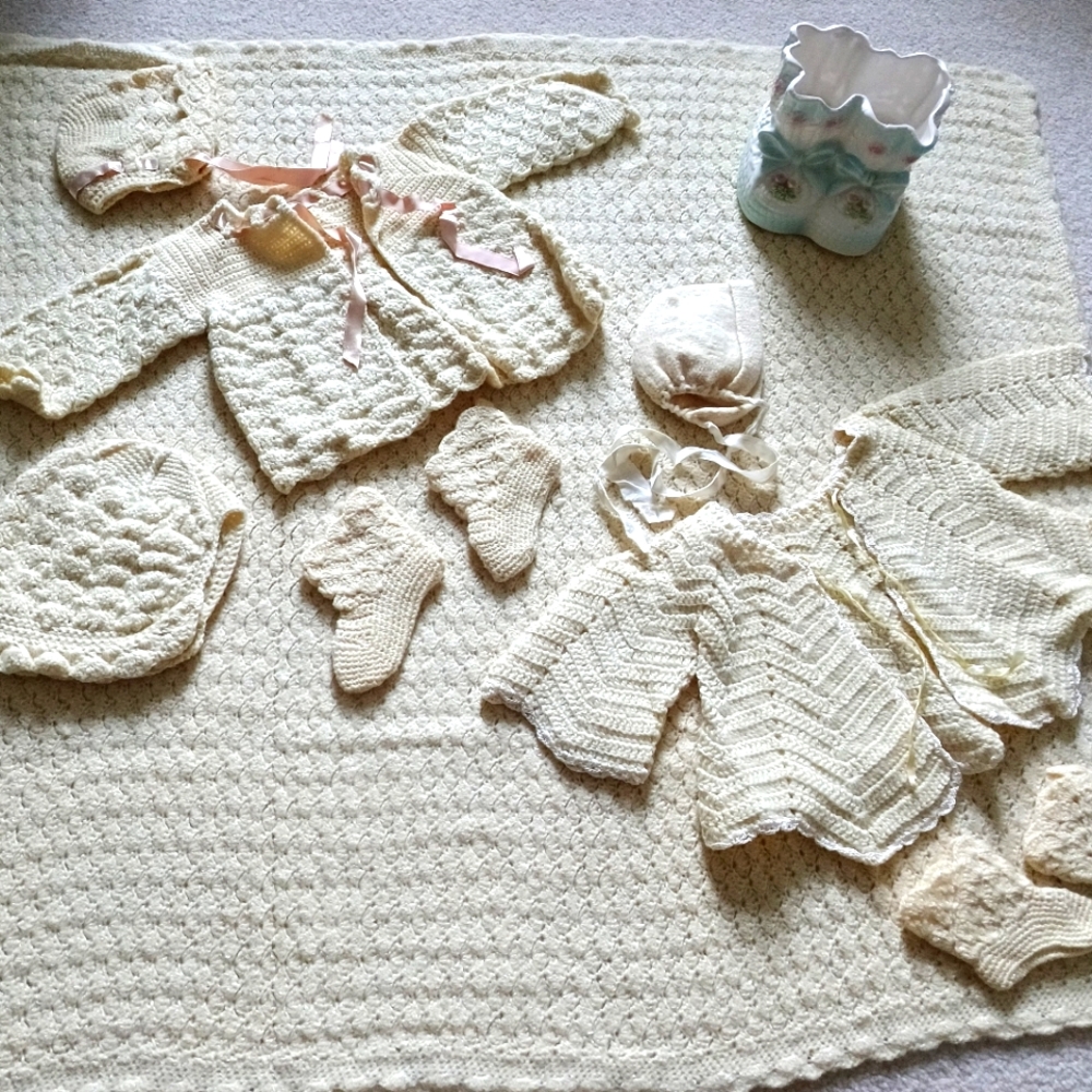 PRECIOUS HAND KNIT AND CROCHET INFANT LAYETTE SETS! 8 PIECES!